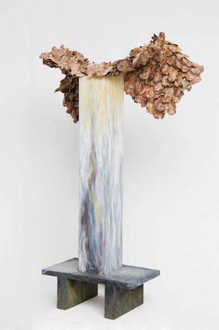 Mithra, oak leaves, metal armature, encaustic on alder wood, 2007, 44x30x14