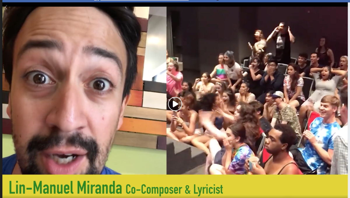 A screenshot of the Lin-Manuel Miranda "happy closing" video to the cast and crew of "Bring It On." You can watch the video on Facebook.